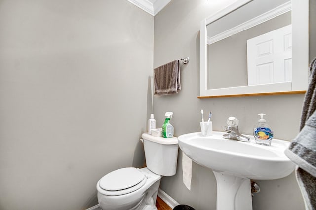 bathroom with toilet and ornamental molding