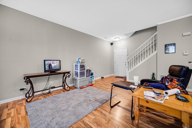 office area featuring hardwood / wood-style flooring and crown molding