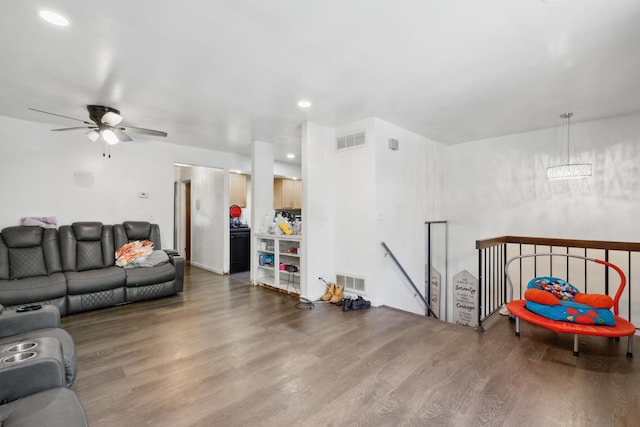 328 Ottawa Dr, Bolingbrook, IL 60440 - living room featuring wood finished floors, a ceiling fan, and recessed lighting
