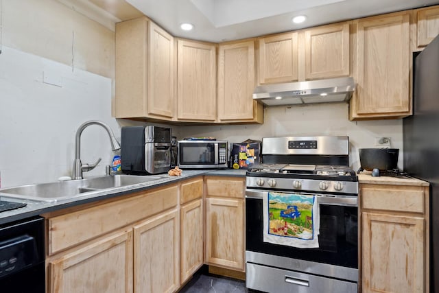 328 Ottawa Dr, Bolingbrook, IL 60440 - kitchen featuring stainless steel appliances, under cabinet range hood, light brown cabinets, a sink, and recessed lighting