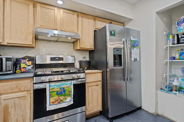 328 Ottawa Dr, Bolingbrook, IL 60440 - kitchen featuring stainless steel appliances, under cabinet range hood, light brown cabinets, and dark tile patterned floors