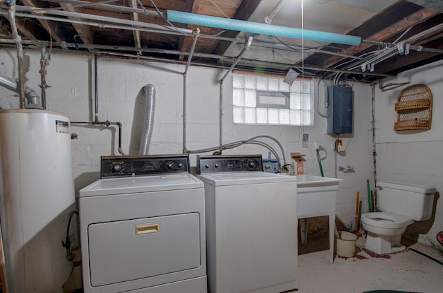 laundry room with washing machine and clothes dryer, electric panel, and gas water heater