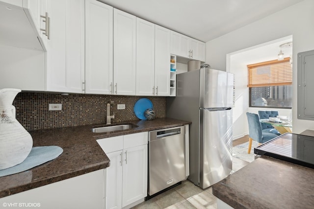 kitchen featuring sink, white cabinets, appliances with stainless steel finishes, and tasteful backsplash