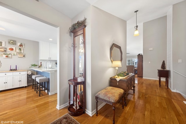 hall featuring light wood-type flooring and sink