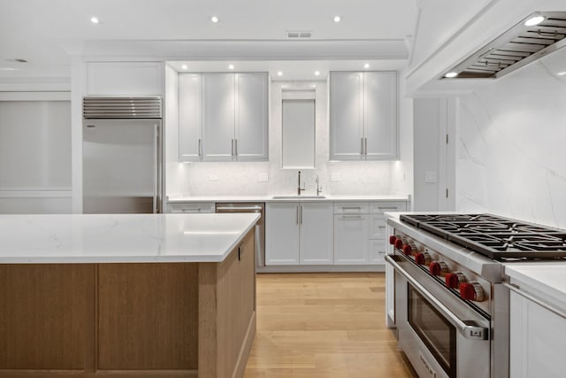 kitchen with custom exhaust hood, high end appliances, decorative backsplash, light hardwood / wood-style floors, and white cabinetry