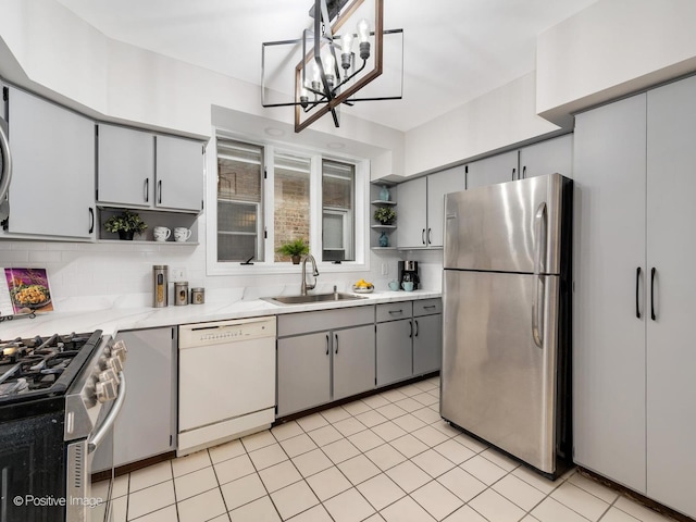 kitchen with sink, stainless steel appliances, backsplash, pendant lighting, and gray cabinets