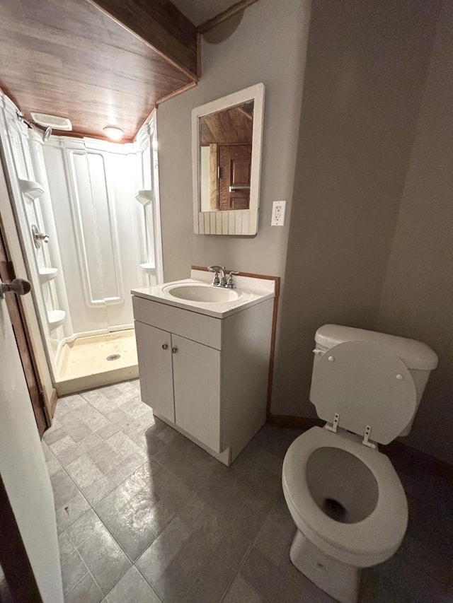 bathroom featuring a shower, vanity, toilet, and wood ceiling