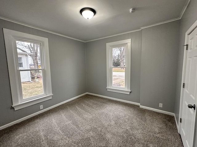 spare room featuring carpet, a healthy amount of sunlight, and ornamental molding