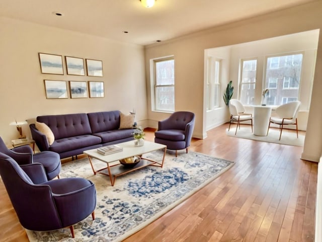 living room with ornamental molding and light hardwood / wood-style flooring