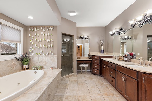 bathroom featuring tile patterned flooring, vanity, and independent shower and bath