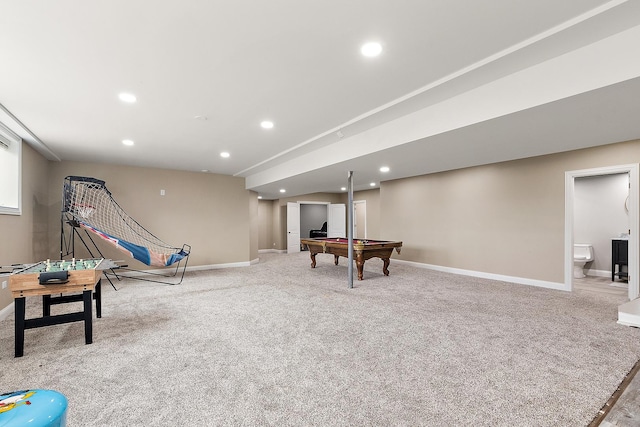 rec room featuring carpet flooring and billiards