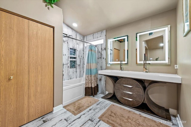 bathroom with vanity, shower / bath combination with curtain, and wood-type flooring