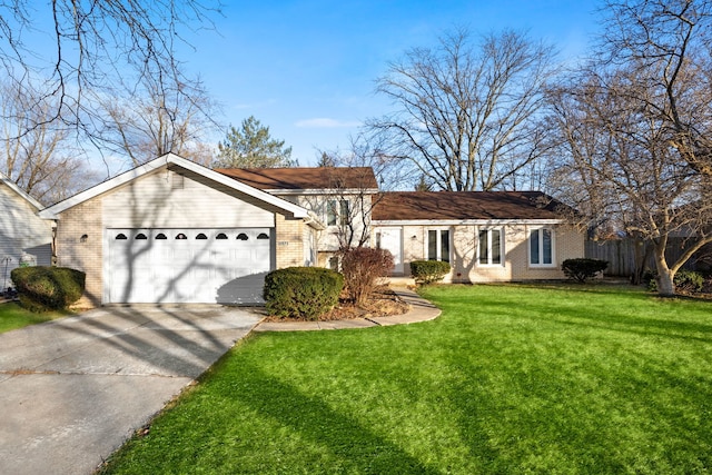 single story home featuring a front lawn and a garage