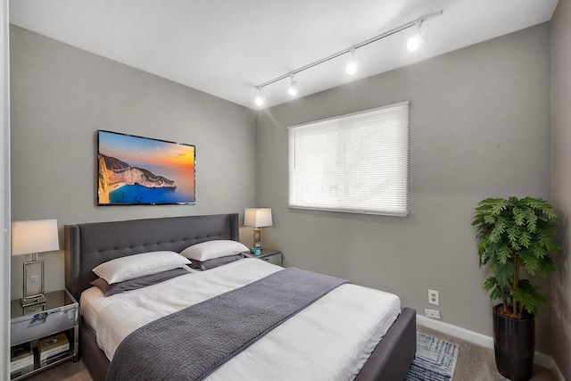 bedroom featuring carpet and rail lighting