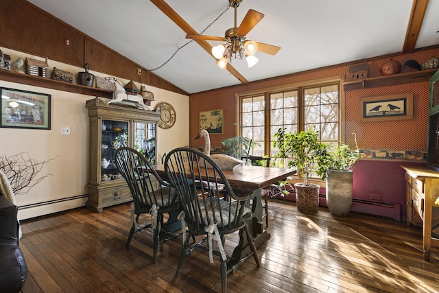 dining room featuring ceiling fan, a healthy amount of sunlight, dark hardwood / wood-style flooring, and a baseboard radiator