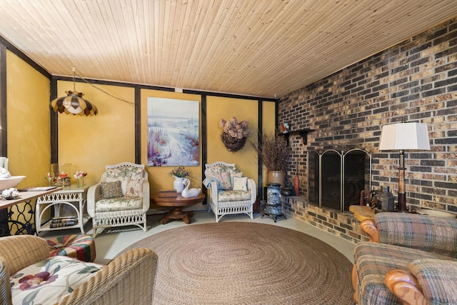 living room featuring wood ceiling and a fireplace