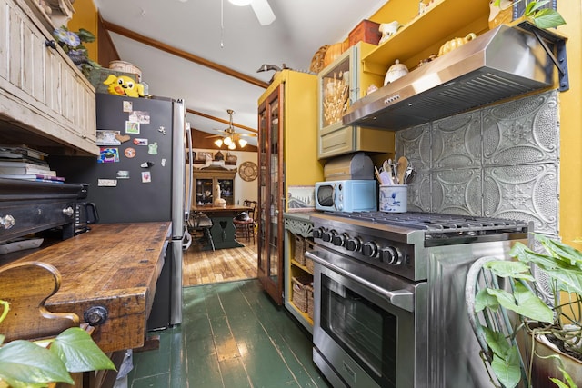 kitchen featuring wooden counters, backsplash, ventilation hood, stainless steel appliances, and dark wood-type flooring