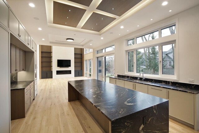 kitchen featuring tasteful backsplash, stainless steel oven, dark stone counters, and light hardwood / wood-style flooring