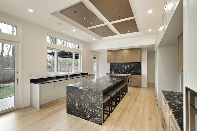 kitchen featuring light wood-type flooring, a spacious island, plenty of natural light, and a sink