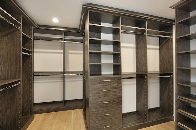 walk in closet with light wood finished floors