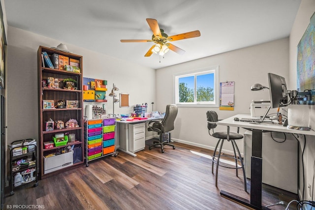 office area with dark hardwood / wood-style floors and ceiling fan