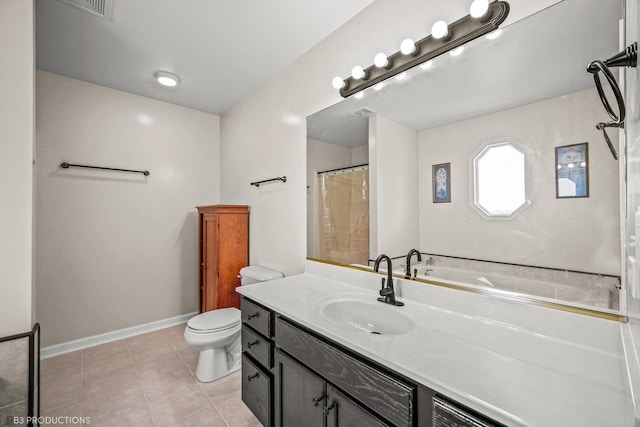 bathroom featuring tile patterned floors, curtained shower, vanity, and toilet