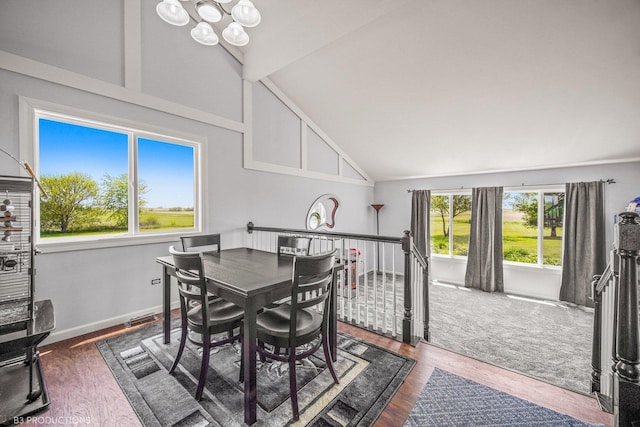 dining space featuring dark hardwood / wood-style flooring and high vaulted ceiling