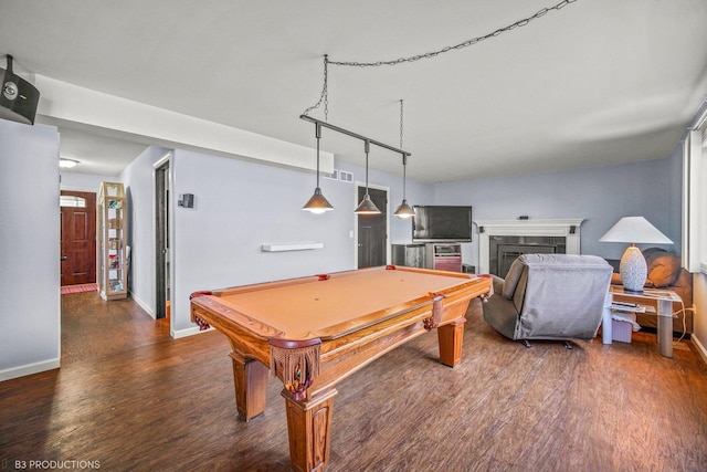 game room featuring a tile fireplace, dark wood-type flooring, and billiards