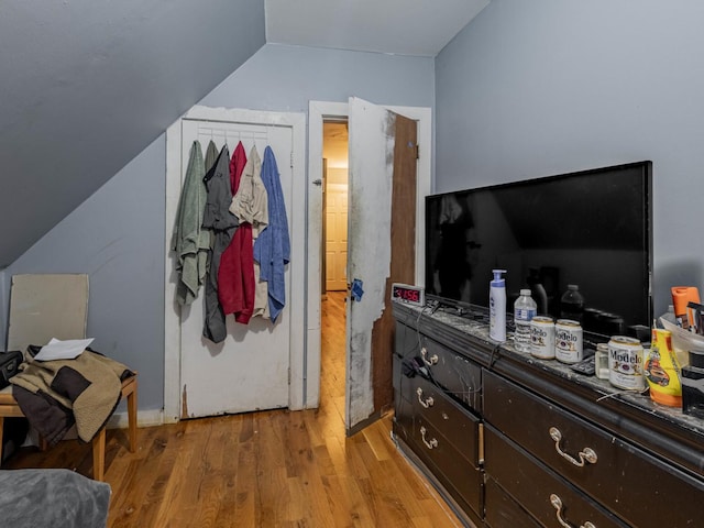 bedroom featuring vaulted ceiling, light hardwood / wood-style flooring, and a closet