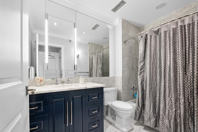 full bathroom with toilet, shower / bath combo with shower curtain, vanity, tile walls, and ornamental molding