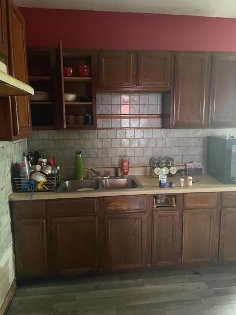 kitchen featuring sink, dark wood-type flooring, and tasteful backsplash