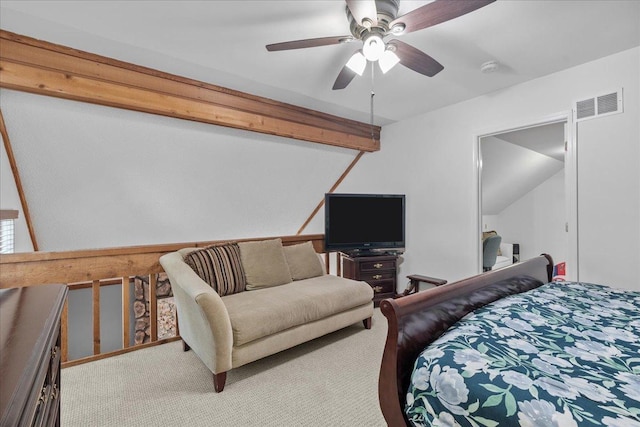 bedroom featuring carpet flooring, ceiling fan, and lofted ceiling