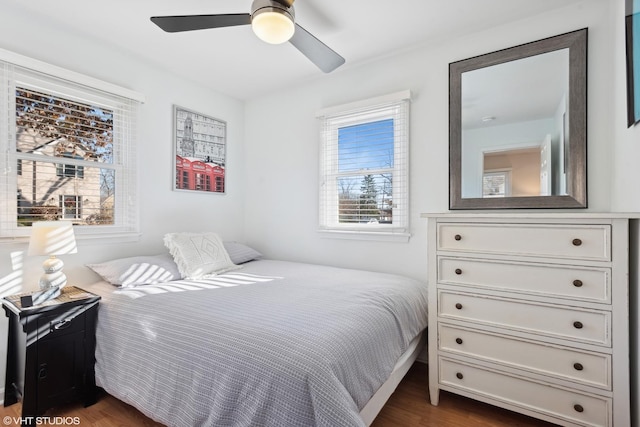 bedroom with ceiling fan and dark wood-type flooring