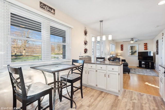 dining area featuring light hardwood / wood-style flooring and ceiling fan