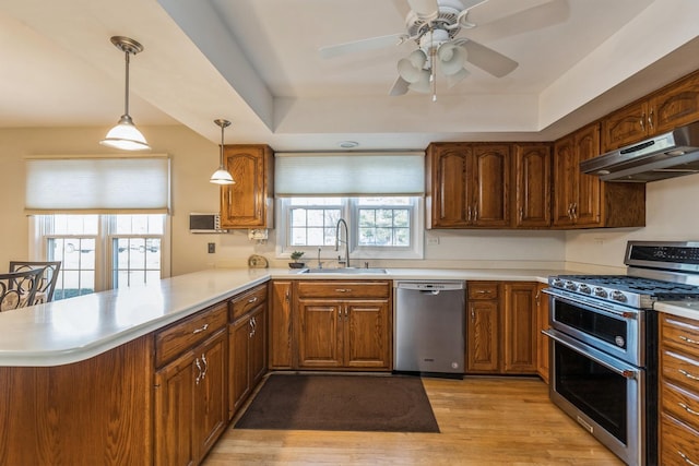 kitchen with kitchen peninsula, plenty of natural light, stainless steel appliances, and sink