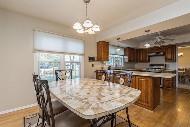 kitchen with wood-type flooring, a healthy amount of sunlight, and stainless steel range oven