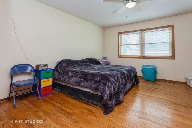 bedroom with ceiling fan and wood-type flooring