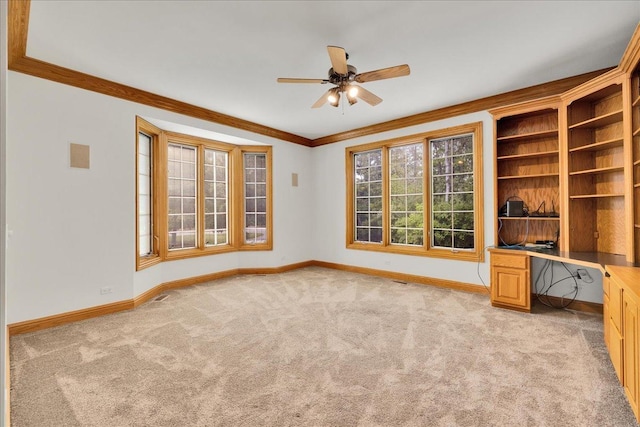 16001 Burr Oak Dr, Huntley, IL 60142 - spare room with baseboards, a ceiling fan, light colored carpet, and ornamental molding