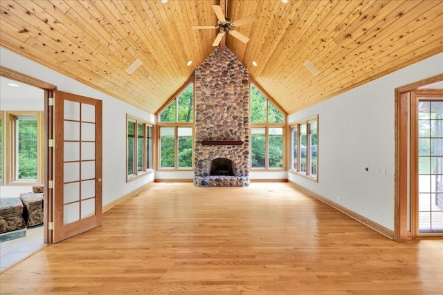 16001 Burr Oak Dr, Huntley, IL 60142 - unfurnished living room featuring a fireplace, light wood-style flooring, ceiling fan, baseboards, and wooden ceiling