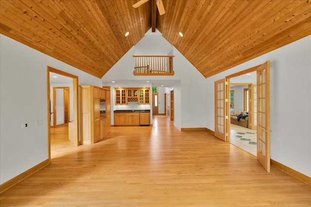 16001 Burr Oak Dr, Huntley, IL 60142 - unfurnished living room featuring french doors, light wood-style flooring, baseboards, wood ceiling with exposed beams, and a ceiling fan