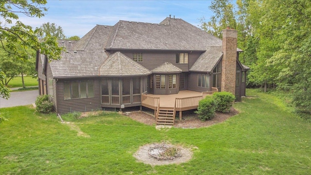 16001 Burr Oak Dr, Huntley, IL 60142 - back of property featuring a lawn, a chimney, french doors, and a wooden deck