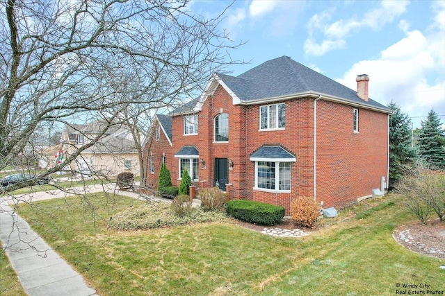 17224 Briar Dr, Tinley Park, IL 60487 - colonial-style house with a chimney, brick siding, a front yard, and roof with shingles