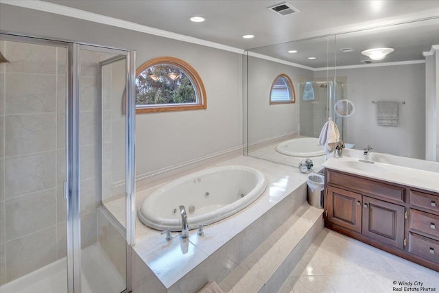 17224 Briar Dr, Tinley Park, IL 60487 - bathroom with vanity, a whirlpool tub, crown molding, tile patterned floors, and a shower stall