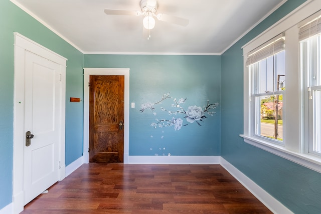 spare room with ceiling fan, dark hardwood / wood-style flooring, and ornamental molding