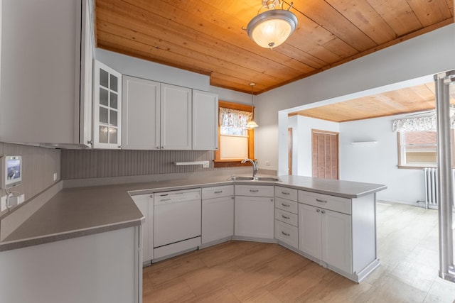 kitchen featuring white cabinets, wooden ceiling, sink, and white dishwasher