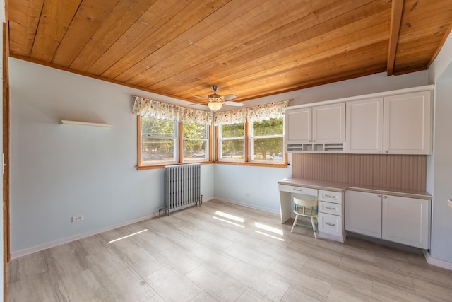 interior space with ceiling fan, radiator heating unit, and wooden ceiling