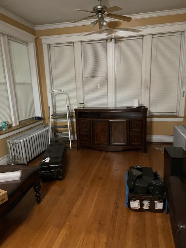 miscellaneous room featuring wood-type flooring, radiator, ornamental molding, and ceiling fan