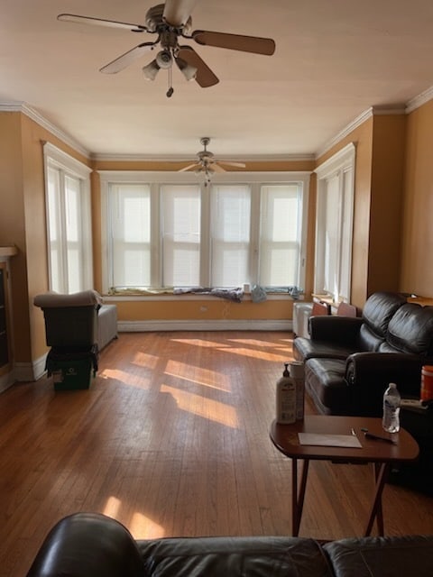 living room with crown molding, baseboards, and wood-type flooring