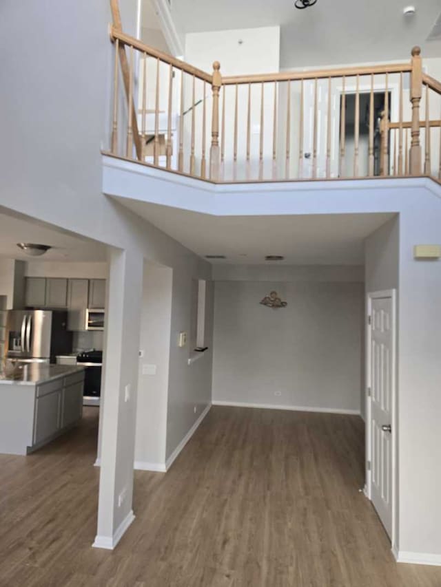 interior space featuring dark hardwood / wood-style flooring and a high ceiling