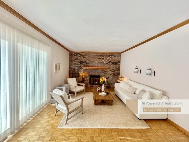 living room featuring crown molding, light parquet flooring, and a brick fireplace